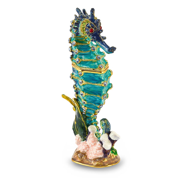 Luxury Giftware Pewter Bejeweled Crystals Gold-tone Enameled SIMON Seahorse Trinket Box with Matching 18 Inch Necklace
