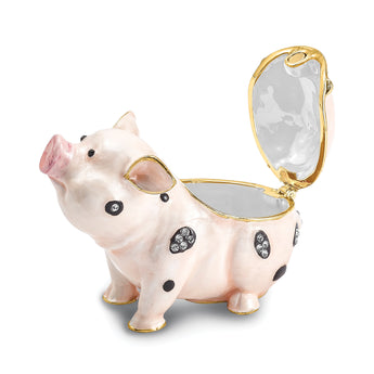 Luxury Giftware Pewter Bejeweled Crystals Gold-tone Enameled PETUNIA Spotted Pig Trinket Box with Matching 18 Inch Necklace