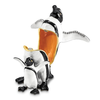 Luxury Giftware Pewter Bejeweled Crystals Gold-tone Enameled PATTY and POM Penguin and Baby Trinket Box with Matching 18 Inch Necklace