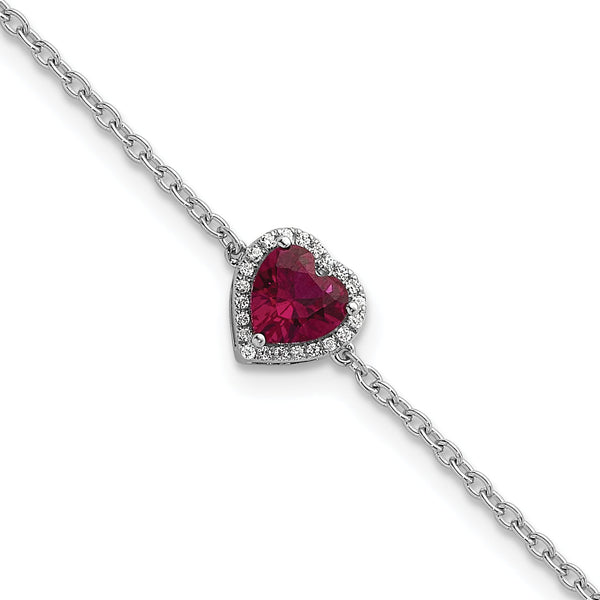 14k White Gold 1/20 carat Lab Grown Diamond VS+ F+ and Natural Ruby with 1 inch extension Halo Heart Fashion Link Bracelet