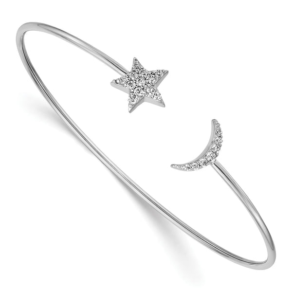 14k White Gold Complete 1/4 carat Diamond Moon and Star Flexible Cuff Bangle Bracelet - Birthstone Company