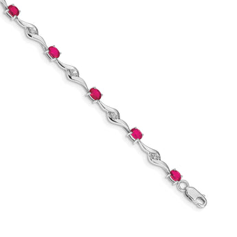 14k White Gold Complete Oval Ruby and Round White Sapphire Curved Link 7 inch Bracelet