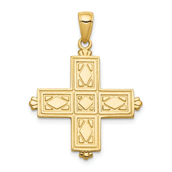 14K Gold Etched Square Cross Pendant with Crown Tips  Polished & Reversible
