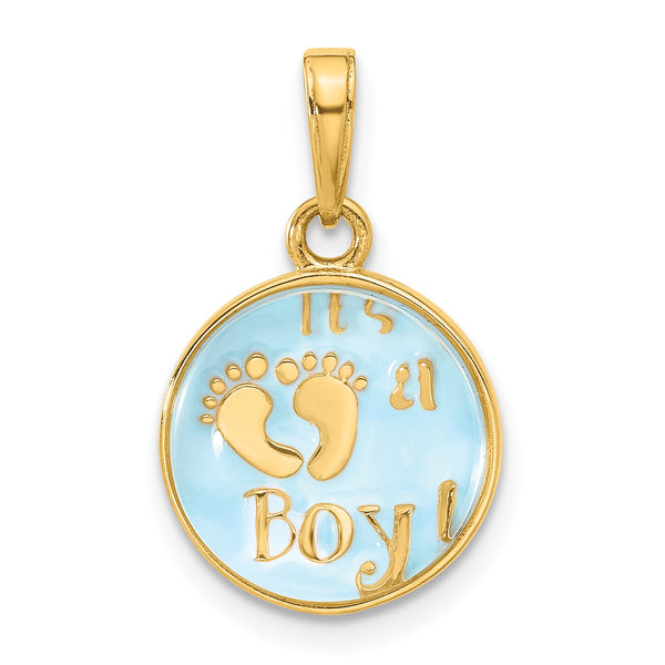 14K Polished with Blue Enamel and Clear Epoxy Resin It's A Boy Pendant