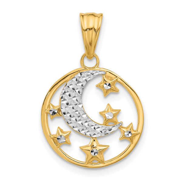 14K and White Rhodium D/C Moon and Stars Pendant