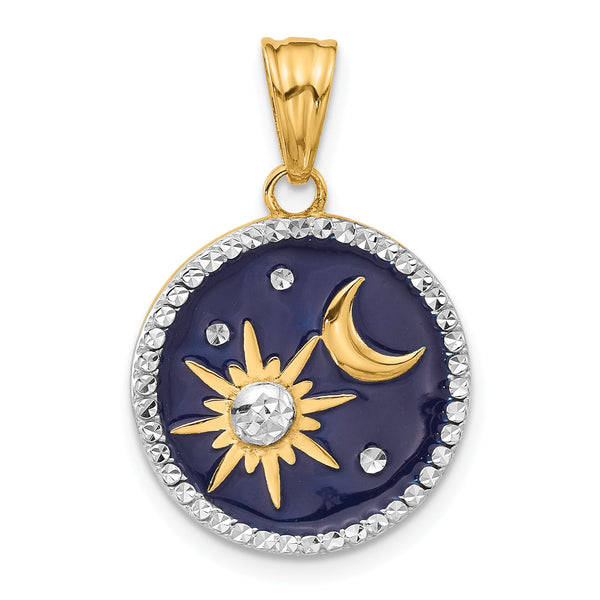 14K and White Rhodium D/C Enameled Sun and Moon Pendant