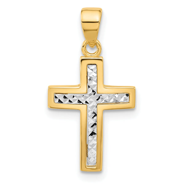 14K Two-tone Polished and Diamond-cut Cross Pendant