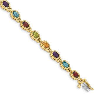 14K Gold 7-Inch Oval Gemstone Bracelet with Garnet, Peridot, Citrine, Amethyst, and Swiss Blue Topaz - Birthstone Company