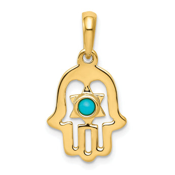 14K Gold Turquoise Chamseh Pendant with Round Stone in Vintage Style