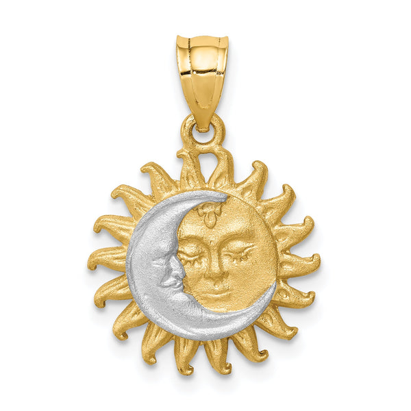 14K White Rhodium Brushed Sun and Moon Pendant
