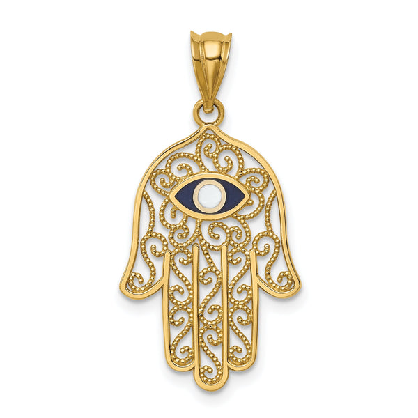 14K Polished and Enameled Hamsa Pendant