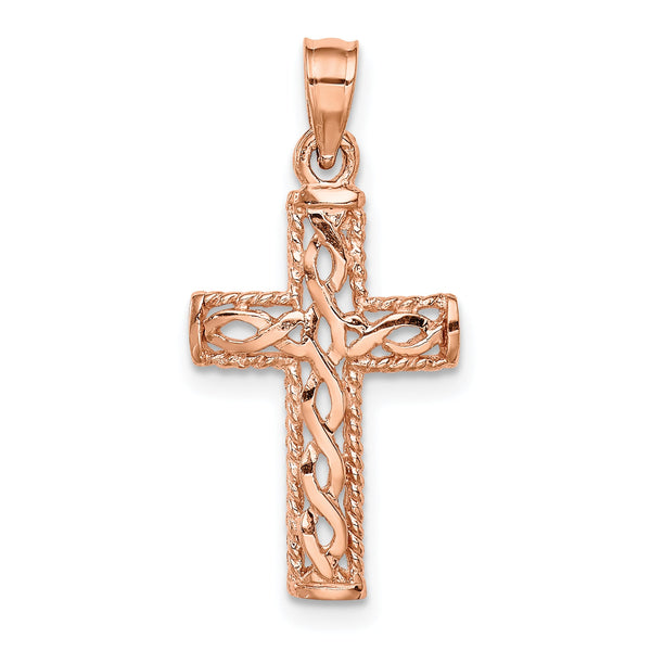 14K Rose Polished Braided Cross Pendant