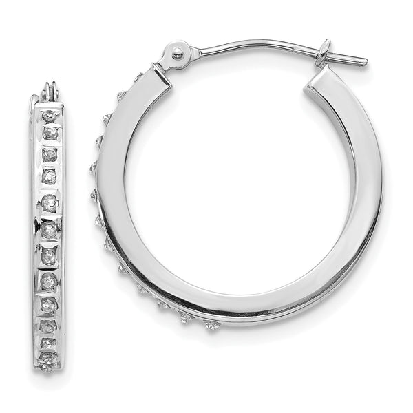 14K White Gold Diamond Hoop Earrings with Polished Rhodium Finish