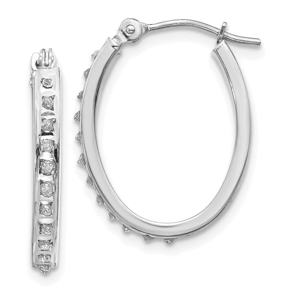 14K White Gold Diamond Oval Hoop Earrings with Polished Rhodium Finish