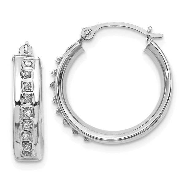 14K White Gold Diamond Hoop Earrings with Polished Rhodium Finish Elegant and Lightweight