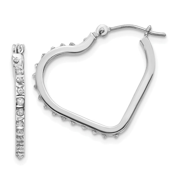 14K White Gold Diamond Heart Hoop Earrings with Polished Rhodium Finish