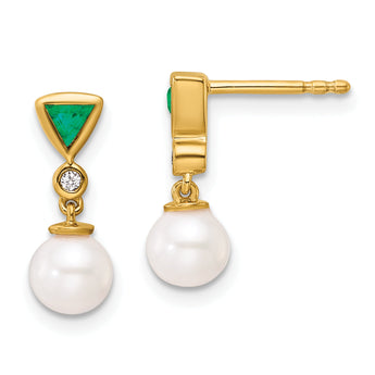 14K Polished Diamond and Emerald Pearl Dangle Post Earrings