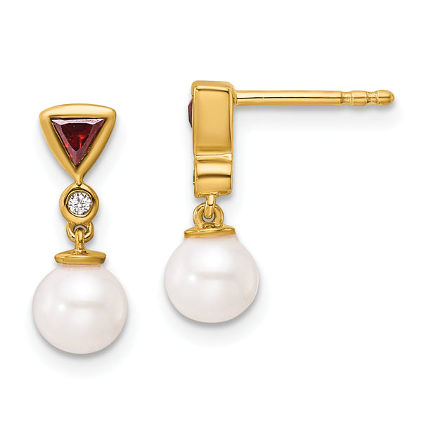 14K Polished Diamond and Ruby Pearl Dangle Post Earrings