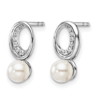 14K White Gold Polished 1/20 carat Diamond and White Freshwater Cultured Pearl Drop Post Earrings - Birthstone Company