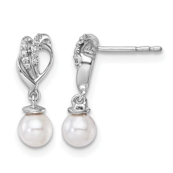 14K White Gold Polished 1/15 carat Diamond and White Freshwater Cultured Pearl Dangle Post Earrings - Birthstone Company