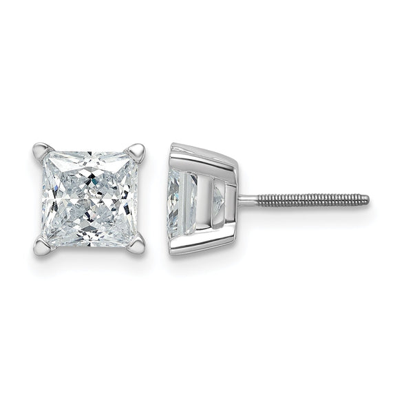 14K White Gold 3 ct Certified Lab-Created Diamond VS+ F+, Princess-Cut 4-Prong Screw-Back Stud Earrings