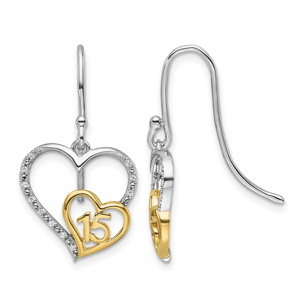14K Two-tone Polished Diamond Quinceanera Heart Dangle Earrings - Birthstone Company