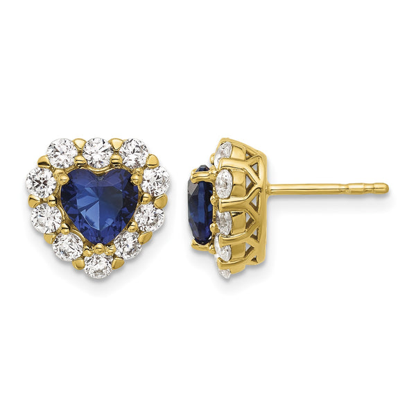 14k 1 1/3 carat Lab Grown Diamond VS/SI+ G+ and Created Sapphire Complete Halo Heart Post Earrings - Birthstone Company