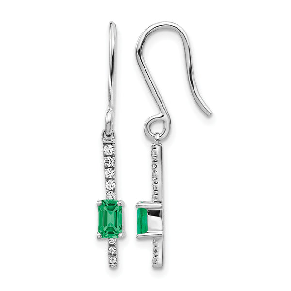14k White Gold 1/8 carat Lab Grown Diamond VS/SI+ G+ and Created Emerald Complete Sheppards Hook Earrings - Birthstone Company