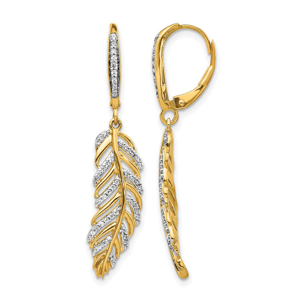 14k Diamond Fancy Feather Leverback Earrings - Birthstone Company
