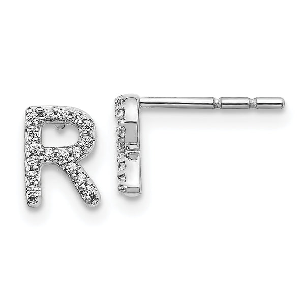 14K White Gold Lab Grown Diamond Letter R Initial Post Earrings
