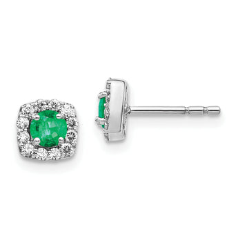 14K White Gold Lab Grown Diamond and Cr Emerald Square Halo Earrings