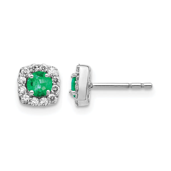 14k White Gold 1/5 carat Lab Grown Diamond VS/SI+ G+ and Created Emerald Complete Square Halo Post Earrings