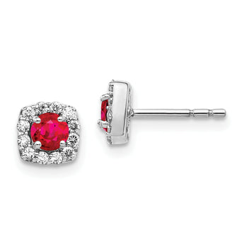 14K White Gold Lab Grown Diamond and Cr Ruby Square Halo Earrings