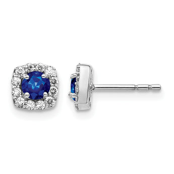 14k White Gold 1/5 carat Lab Grown Diamond VS/SI+ G+ and Created Sapphire Complete Square Halo Post Earrings - Birthstone Company