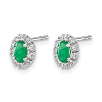 14k White Gold 1/5 carat Lab Grown Diamond VS/SI+ G+ and Oval Created Emerald Complete Halo Post Earrings - Birthstone Company