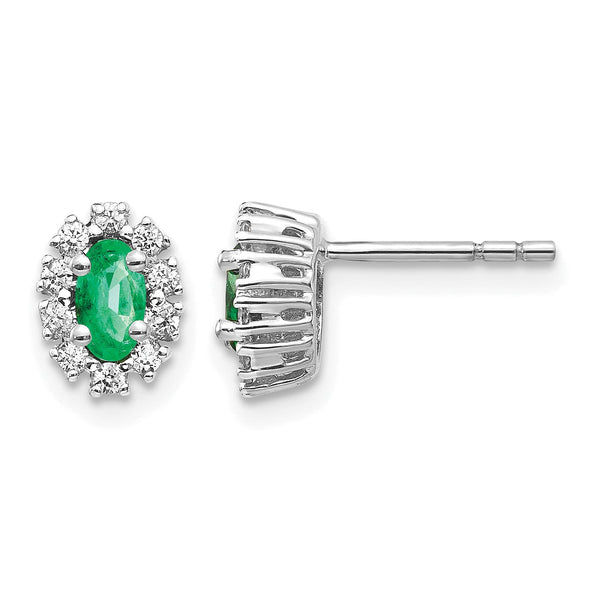 14k White Gold 1/5 carat Lab Grown Diamond VS/SI+ G+ and Oval Created Emerald Complete Halo Post Earrings