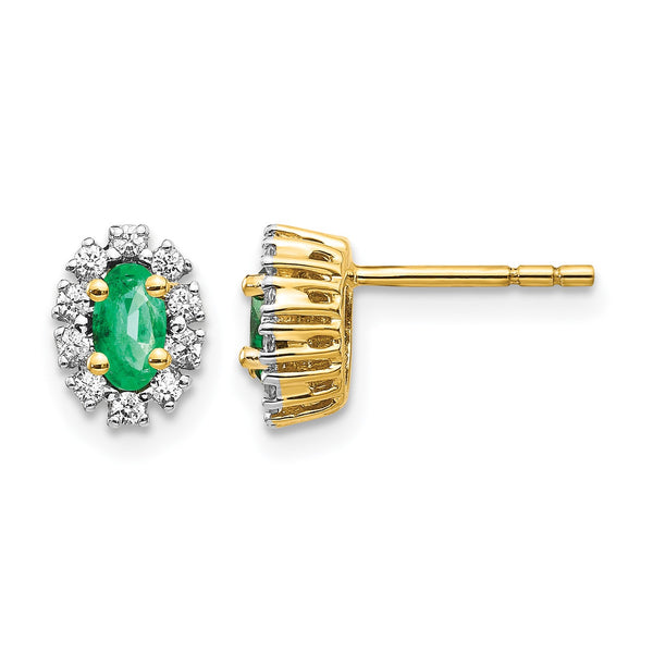 14k 1/5 carat Lab Grown Diamond VS/SI+ G+ and Oval Created Emerald Complete Halo Post Earrings - Birthstone Company