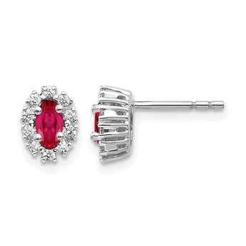 14k White Gold 1/5 carat Lab Grown Diamond VS/SI+ G+ and Oval Created Ruby Complete Halo Post Earrings - Birthstone Company