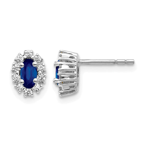 14k White Gold 1/5 carat Lab Grown Diamond VS/SI+ G+ and Oval Created Sapphire Halo Post Earrings