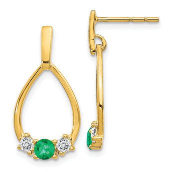 14K Lab Grown Diamond and Created Emerald Post Dangle Earrings