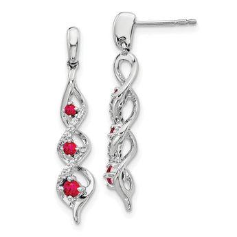 10k White Gold Diamond and Ruby 3 Stone Post Dangle Earrings