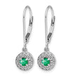 14k White Gold 1/5 carat Lab Grown Diamond VS/SI+ G+ and Created Emerald Complete Halo Leverback Earrings - Birthstone Company