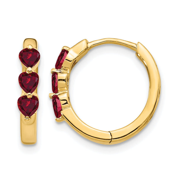 10k 3 Stone Created Ruby Polished Hinged Hoop Earrings