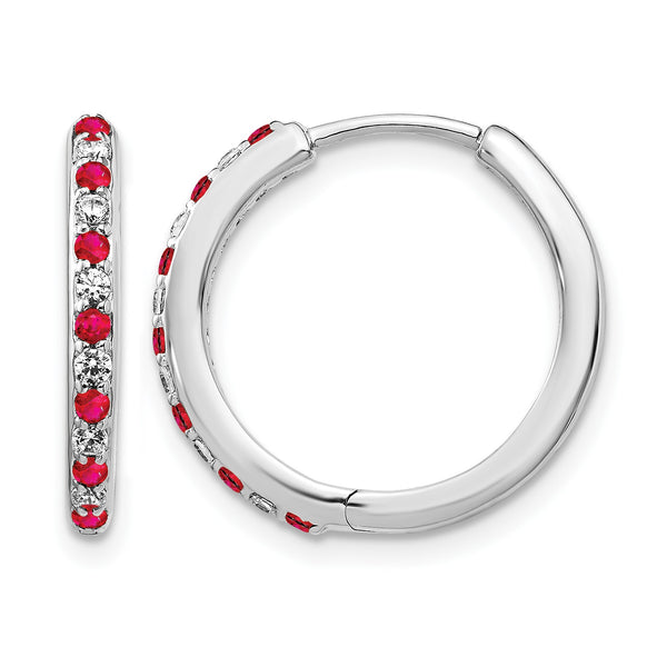 14k White Gold 1/5 carat Lab Grown Diamond VS/SI+ G+ and Created Ruby Complete Hinged Hoop Earrings - Birthstone Company