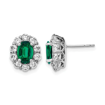 14k White Gold 1 1/5 carat Lab Grown Diamond VS/SI+ G+ and Oval Created Emerald Complete Halo Post Earrings - Birthstone Company