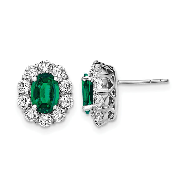 14k White Gold 1 1/5 carat Lab Grown Diamond VS/SI+ G+ and Oval Created Emerald Complete Halo Post Earrings - Birthstone Company