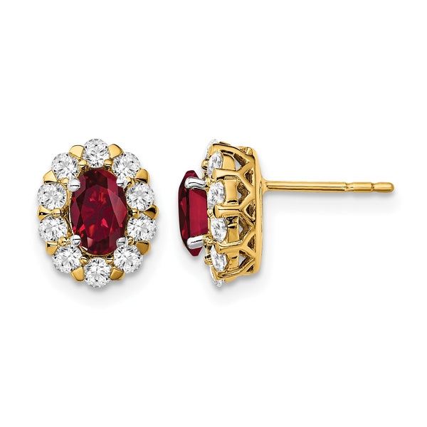 14k 3/4 carat Lab Grown Diamond VS/SI+ G+ and Oval Created Ruby Complete Halo Post Earrings - Birthstone Company