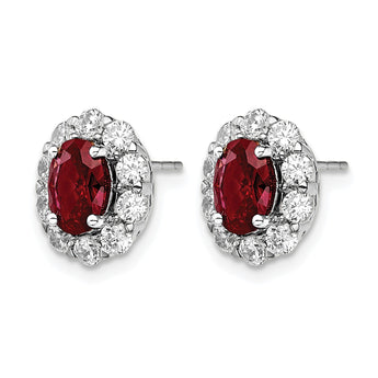 14k White Gold 1 1/5 carat Lab Grown Diamond VS/SI+ G+ and Oval Created Ruby Complete Halo Post Earrings - Birthstone Company