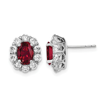 14k White Gold 1 1/5 carat Lab Grown Diamond VS/SI+ G+ and Oval Created Ruby Complete Halo Post Earrings - Birthstone Company