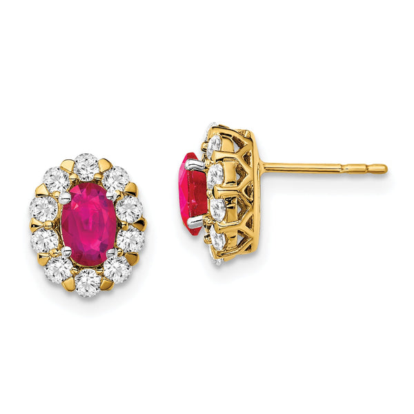 14k 3/4 carat Lab Grown Diamond VS/SI+ G+ and Oval Created Ruby Complete Halo Post Earrings
